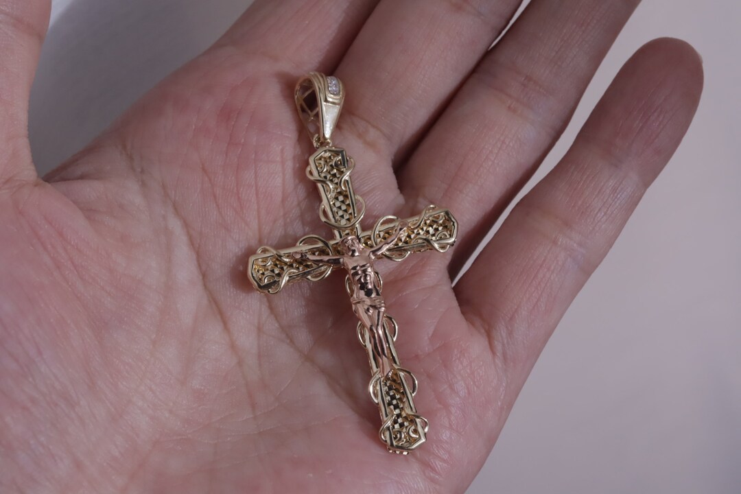 Genuine 14K Yellow Gold Latin Cross Pendant | Jesus Crucifix Charm | Shine Brite With A Diamond