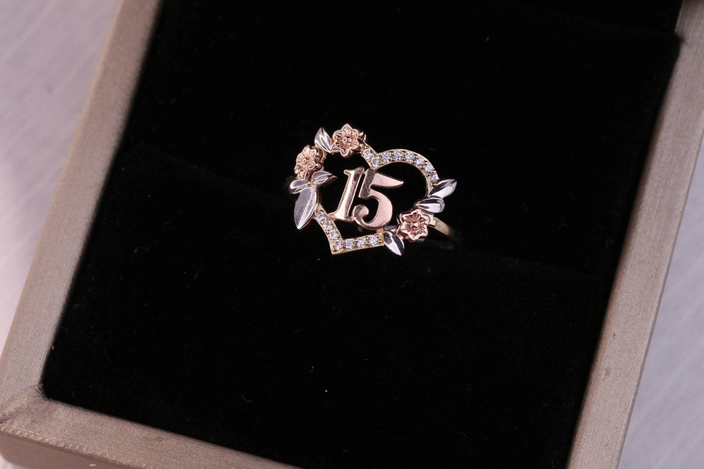 14k Yellow Gold Cubic Zirconia Brithday Ring / 15 Anos Quinceanera Heart Ring / Color Stone Flower Quinceanera Ring