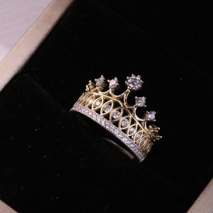 14k Gold Princess Tiara Crown Ring / Yellow Gold CZ Princess Crown Ring