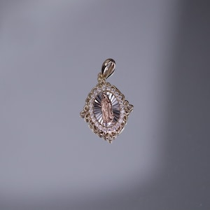 14k Gold Oval Shaped Virgin Mary Pendant, Virgin Mary Dainty Charm, Lady Guadalupe Heart Necklace, Gift For Her