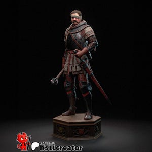 May include: A detailed figurine of a medieval warrior, blindfolded, clad in armour, and holding a mace and sword. The figure stands on a decorative pedestal with heraldic emblems. The colour palette includes shades of brown, red, and silver.