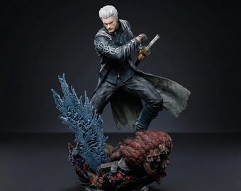 Handbemalte Katana Schwertkämpferin Statue | Vergil Sammelfigur | Dark Fantasy Display Basis | Geschenk für Gamer