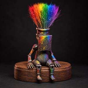 May include: A small, dark, articulated figure with a square head and a vibrant rainbow-colored brush extending from the top. The figure features splatters of rainbow paint across its body, limbs, and head, and it is seated in a fixed position.
