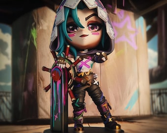 Handbemalte Chibi Jinx Figur | Geheimnisvolles | League of Legends Jinx Statue | Gamer Geschenk | LoL Sammlerstück | Chibi-Jinx | Arkane Figur