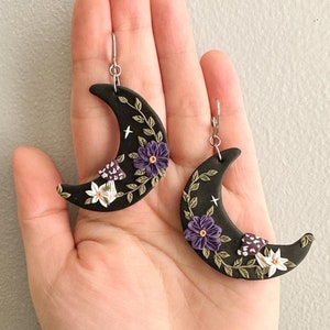 Floral Moon Earrings, Dark Cottagecore Statement Earrings, Whimsigoth Jewelry, Polymer Clay Dangle Earrings, Floral Handmade Jewelry Gift