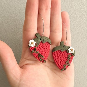 Handmade Floral Strawberry Earrings, Cute Fruit Earrings, Fruit Clay Jewelry, Lightweight Boho Statement Earrings with Flowers