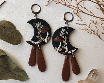 Clay Moon Earrings, Mushroom Cottagecore Earrings, Whimsigoth Moon Dangle Earrings, Celestial Polymer Clay Accessories, Witchy Jewelry
