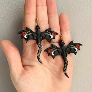 Floral Dragon Clay Earrings, Polymer Clay Dangle Earrings, Handmade Dragon Jewelry, Unique Whimsigoth Accessories Gift for Her