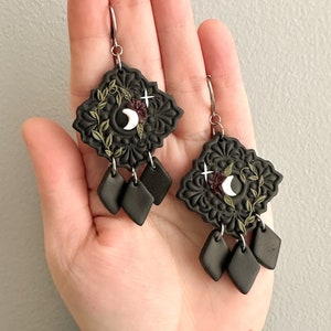 Whimsigoth Earrings, Floral Clay Earrings, Dark Boho Earrings, Floral Goth Earrings, Moon Polymer Clay Earrings, Polymer Clay Dark Jewelry