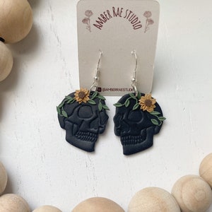 Sunflower Skull Earrings, Whimsigoth Boho Handmade Earrings, Unique Polymer Clay Earrings