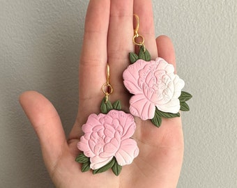 Pink Flower Earrings, Peony Earrings, Boho Clay Earrings, Floral Earrings, Spring Earrings, Boho Floral Earrings, Trendy Earrings Gift