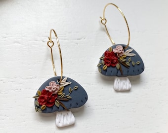 Floral Mushroom Earrings, Mushroom Clay Earrings, Cottagecore Earrings, Floral Polymer Clay Earrings, Trendy Earrings, Mushroom Earrings