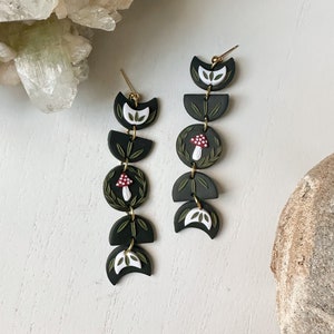 Moon Phase Earrings, Mushroom Moon Earrings, Cottagecore Earrings, Mushroom Jewelry, Celestial Dangle Earrings, Polymer Clay Boho Earrings