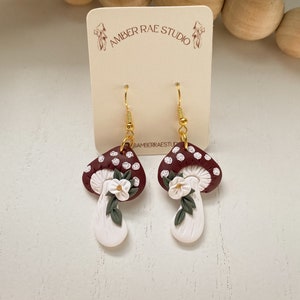 Mushroom Clay Earrings, Floral Mushroom Earrings, Boho Polymer Clay Earrings, Clay Mushroom Dangle Earrings, Floral Trendy Clay Earrings