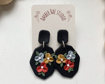 Floral Clay Earrings, Black Boho Earrings, Spring Earrings, Jewelry Gift for Her, Clay Earrings, Flower Earrings, Floral Statement Earrings