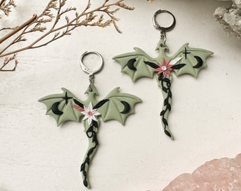 Floral Dragon Clay Earrings, Moon Dragon Earrings, Celestial Dragon Dangle Earrings, Goth Jewelry, Dragon Jewelry, Whimsigoth Earrings Clay