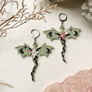 Floral Dragon Clay Earrings, Moon Dragon Earrings, Celestial Dragon Dangle Earrings, Goth Jewelry, Dragon Jewelry, Whimsigoth Earrings Clay