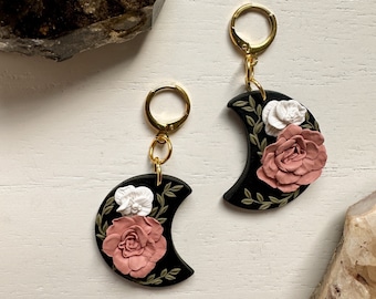 Floral Moon Clay Earrings, Boho Handmade Earrings, Unique Trendy Nickel Free Jewelry, Witchy Accessories, Dark Cottagecore Gift for Her
