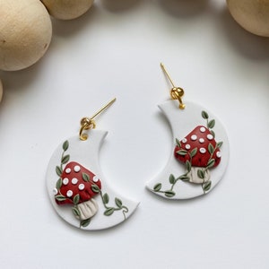 Mushroom Moon Earrings, Cottagecore Clay Earrings, Boho Moon Earrings, Celestial Statement Accessories, Whimsical Nature Gift, Cute Jewelry