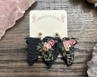 Floral Ribcage Earrings, Black Skeleton Clay Earrings, Floral Skeleton Polymer Clay Earrings, Floral Goth Earrings, Edgy Boho Earrings Clay