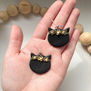 Black Cat Earrings, Floral Kitty Earrings, Cat Jewelry, Handmade Witchy Accessories, Gift for Cat Lover, Cute Trendy Statement Earrings