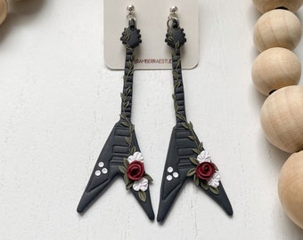 Floral Guitar Earrings, Trendy Clay Earrings, Flying V Guitar Earrings, Floral Polymer Clay Earrings, Guitar Earrings, Gift for Musician