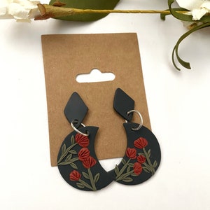 Floral Moon Earrings, Boho Polymer Clay Earrings, Handmade Flower Jewelry, Dark Cottagecore Statement Accessories, Nature Inspired Gift