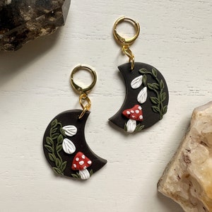 Mushroom Moon Earrings, Boho Handmade Moon Jewelry, Nickel Free Cottagecore Clay Earrings, Unique Nature Jewelry Gift for Her