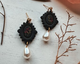 Dark Floral Earrings, Handmade Clay Earrings, Whimsigoth Jewelry, Dark Cottagecore Accessories, Trendy Polymer Clay Earrings with Flowers