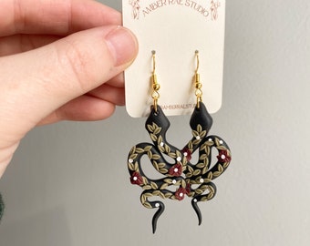 Floral Snake Earrings, Boho Handmade Polymer Clay Earrings, Goth Flower Snake Jewelry, Whimsical Gothic Accessories, Edgy Nature Lover Gift