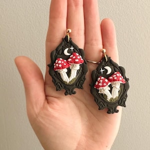 Clay Mushroom Earrings, Boho Moon Mushroom Clay Earrings, Black Mushroom Frame Clay Earrings, Trendy Clay Earrings,  Mushroom Clay Earrings