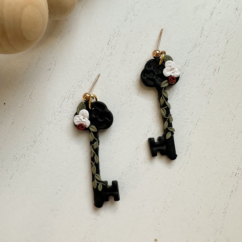 Floral Key Earrings, Floral Polymer Clay Earrings, Dark Boho Earrings, Goth Floral Earrings, Floral Boho Jewelry, Floral Statement Earrings image 6