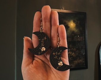 Floral Moon Earrings, Dark Cottagecore Earrings, Whimsigoth Earrings, Goth Earrings, Celestial Polymer Clay Earrings, Floral Clay Jewelry