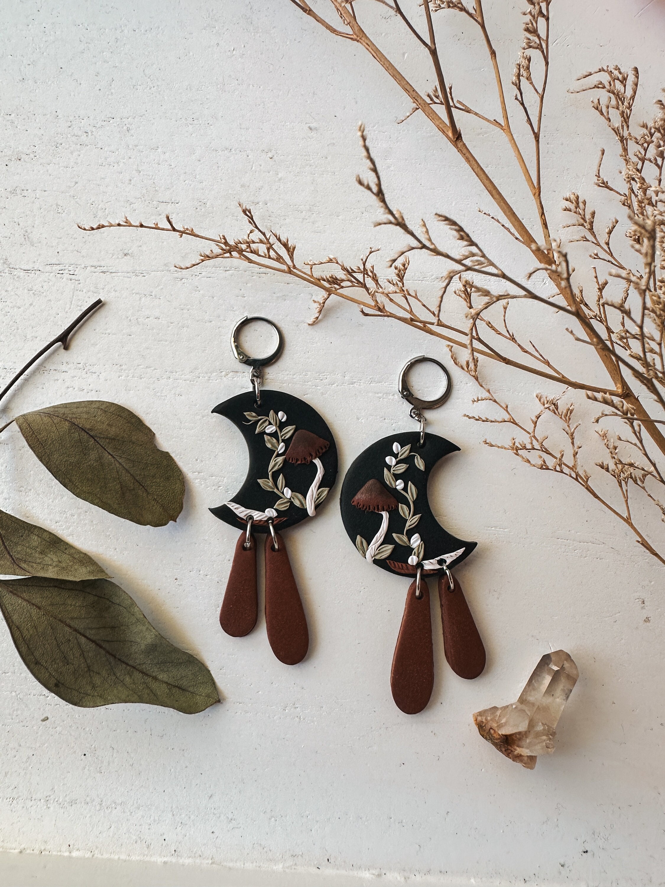 Orecchini Fungo Viola Su Luna Con Foglia - Gioielli Cottagecore Ametista, Stile Boho Strega - 5