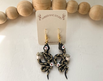 Clay Snake Earrings | Polymer Clay Earrings | Mushroom and Floral Snake Earrings | Black Snake Clay Earrings
