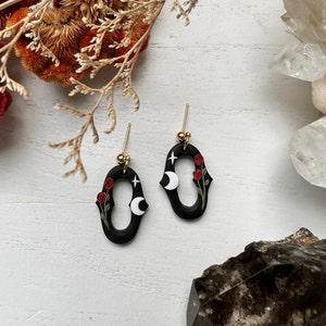 Floral Moon Earrings, Dark Boho Clay Earrings, Floral Goth Jewelry, Whimsigoth Earrings, Cottagecore Accessories, Handmade Earrings Clay