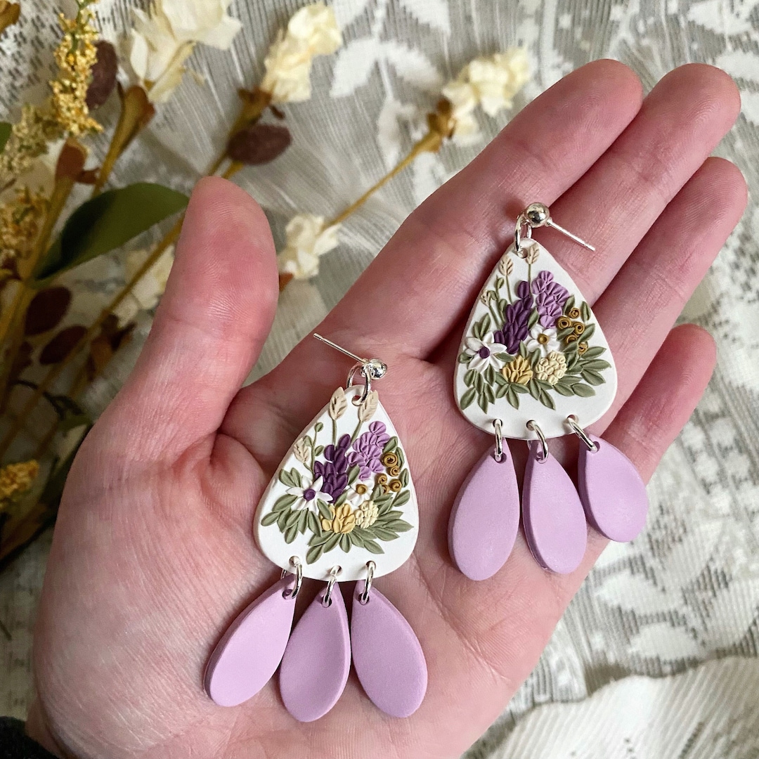 Clay Flower Earrings Floral Polymer Clay Earrings Floral Clay Earrings Trendy Earrings Flower Jewelry Lavender Purple Clay Earrings