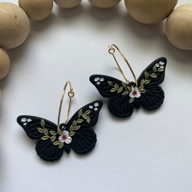 Butterfly Earrings, Polymer Clay Floral Earrings, Butterfly Hoop Earrings Black, Clay Butterfly Earrings, Floral Nature Jewelry, Boho Gift image 3