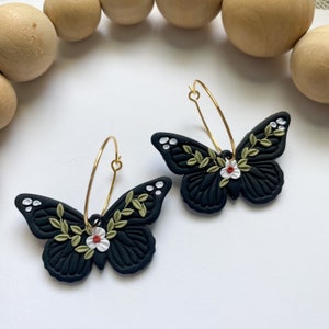 Butterfly Earrings, Polymer Clay Floral Earrings, Butterfly Hoop Earrings Black, Clay Butterfly Earrings, Floral Nature Jewelry, Boho Gift