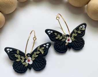 Handmade Black Butterfly Hoop Earrings: Polymer Clay Floral Jewelry