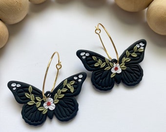 Butterfly Earrings, Polymer Clay Floral Earrings, Butterfly Hoop Earrings Black, Clay Butterfly Earrings, Floral Nature Jewelry, Boho Gift