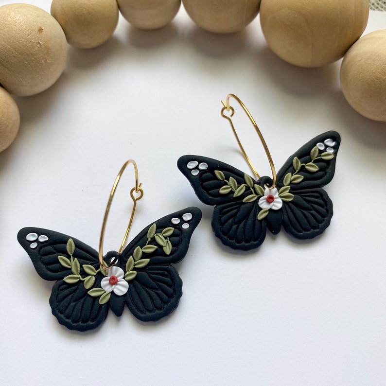 Butterfly Earrings, Polymer Clay Floral Earrings, Butterfly Hoop Earrings Black, Clay Butterfly Earrings, Floral Nature Jewelry, Boho Gift image 1