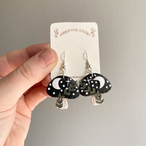 Dark Cottagecore Mushroom Earrings, Polymer Clay Earrings, Handmade Nature Jewelry, Whimisgoth Celestial Clay Jewelry, Witchy Moon Earrings