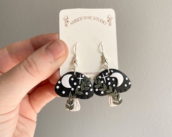 Dark Cottagecore Mushroom Earrings, Handmade Polymer Clay Moon Jewelry, Whimsigoth Accessories