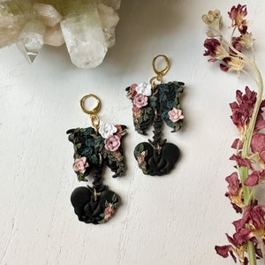 Handmade Floral Skeleton Earrings, Polymer Clay Earrings, Unique Whismigoth Earrings
