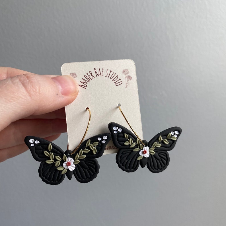 Butterfly Earrings, Polymer Clay Floral Earrings, Butterfly Hoop Earrings Black, Clay Butterfly Earrings, Floral Nature Jewelry, Boho Gift image 5