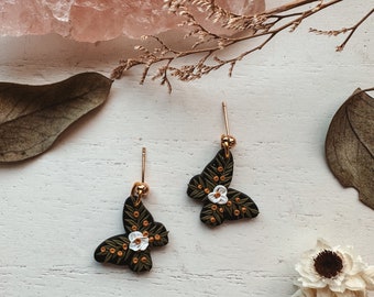 Floral Butterfly Earrings, Unique Handmade Butterfly Jewelry Gift for Her, Flower Earrings, Unique Polymer Clay Earrings, Boho Accessories