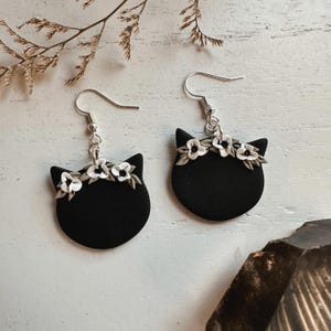 Flower Crown Cat Earrings, Kitty Clay Earrings, Cat Jewelry, Handmade Witchy Accessories, Gift for Cat Lover, Trendy Clay Statement Earrings