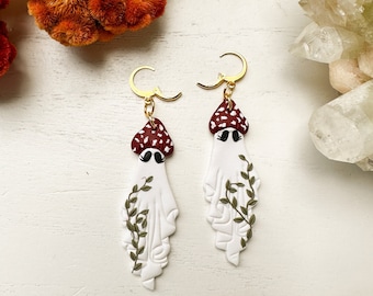 Mushroom Ghost Earrings, Polymer Clay Earrings, Goth Jewelry, Whimsigoth Earrings, Cottagecore Accessories, Handmade Mushroom Earrings Clay