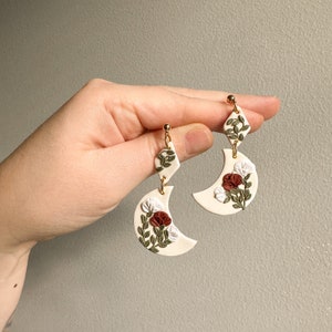 Floral Moon Earrings, Floral Boho Polymer Clay Earrings, Ivory Clay Moon Earrings, Floral Clay Earrings, Trendy Clay Jewelry